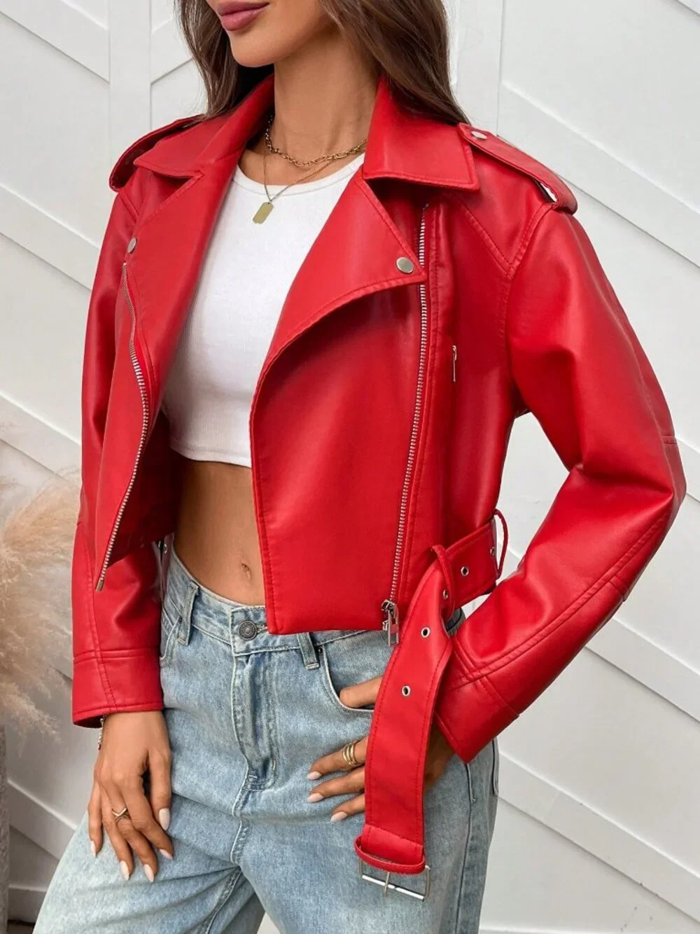 Red Casual Women's Minimalist Zip-Up faux leather Short Jacket - Picture 2 of 7